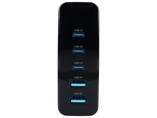 Ładowarka sieciowa Encore Energy GaN QC 4+ PD 3.0 USB-A x2 USB-C x3 140W GaN-14083R z wyświetlaczem + kabel USB-A USB-C 2m
