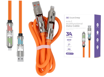 Kabel Encore Energy 4w1 z podświetlanymi wtyczkami USB-C USB-A Lightning 3A przewód QC PD 60W do ładowania i transferu danych 100 cm pomarańczowy EE144