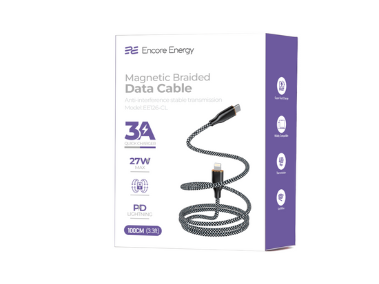 Magnetyczny kabel Encore Energy USB-C Lightning przewód QC PD 3A 27W do ładowania i transferu danych 100 cm braided czarno-biały EE126-CL