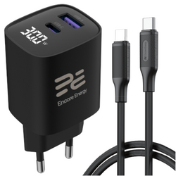 Ładowarka sieciowa Encore Energy GaN QC 4+ PD 3.0 USB-A USB-C 30W GaN-3083R z wyświetlaczem + kabel USB-C 2m