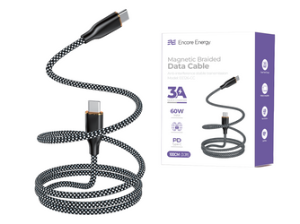 Magnetyczny kabel Encore Energy USB-C x2 przewód QC PD 3A 60W do ładowania i transferu danych 100 cm braided czarno-biały EE126-CC