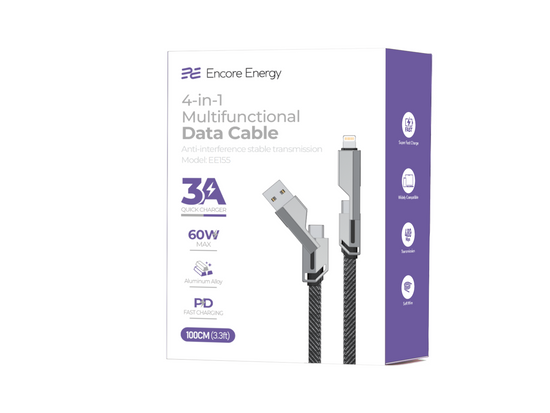 Kabel Encore Energy 4w1 USB-C USB-A Lightning 3A płaski przewód w oplocie QC PD 60W do ładowania i transferu danych 100 cm EE155