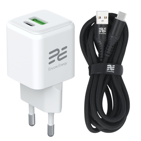 Ładowarka sieciowa GaN 20W USB-A USB-C QC PD Encore Energy MD-2083ZC + kabel USB-A USB-C 2m