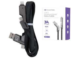 Kabel Encore Energy 4w1 USB-C USB-A Lightning 3A płaski przewód w oplocie QC PD 60W do ładowania i transferu danych 100 cm EE155