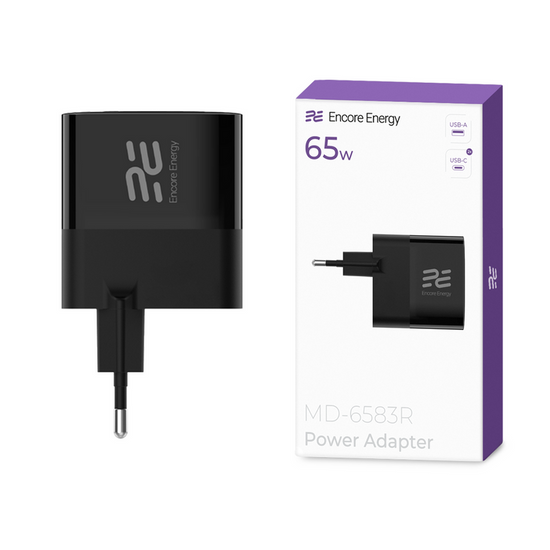 Ładowarka sieciowa Encore Energy GaN QC 4+ PD 3.0 USB-A USB-C x2 65W MD-6583R wyświetlacz + Kabel USB Encore Energy 2m
