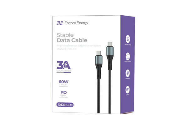 Kabel Encore Energy USB-C x2 3A przewód QC PD 60W do ładowania i transferu danych 100 cm braided czarny EE103-CC