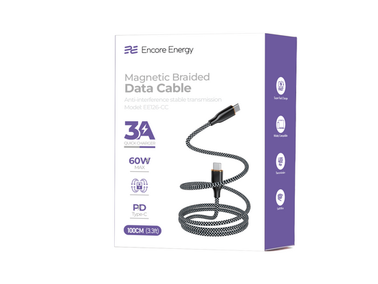 Magnetyczny kabel Encore Energy USB-C x2 przewód QC PD 3A 60W do ładowania i transferu danych 100 cm braided czarno-biały EE126-CC